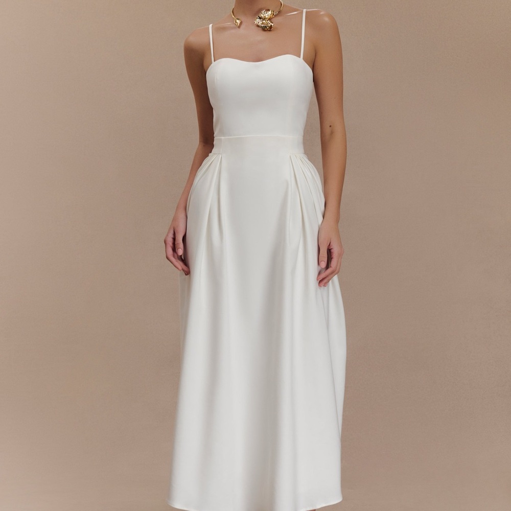 Meshki White Midi Dress with Spaghetti Straps